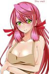  akashi_(kantai_collection) apron ar_(lover_boy) bandana breasts cleavage green_eyes hair_ribbon highres kantai_collection large_breasts long_hair looking_at_viewer naked_apron pink_hair ribbon smile solo tress_ribbon 