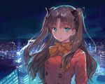  :o arms_at_sides bangs black_ribbon blue_eyes brown_hair buttons city cityscape coat double-breasted eyebrows_visible_through_hair fate/stay_night fate_(series) hair_ribbon highres long_hair looking_at_viewer momoko_(momopoco) night orange_scarf outdoors red_coat ribbon scarf sky solo star_(sky) starry_sky toosaka_rin two_side_up upper_body 