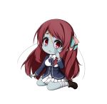  bow breasts chibi forehead_scar hair_bow hair_ornament highres kneeling kuena long_hair minamoto_sakura open_mouth polka_dot red_eyes red_hair school_uniform shoes solo underbust zombie zombie_land_saga 