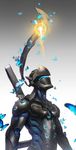  2016 armor artist_name bodysuit bug butterfly commentary cyborg genji_(overwatch) glowing gradient gradient_background grey_background headband helmet highres insect katana looking_up male_focus mask orb overwatch power_armor sheath sheathed signature solo sun_stark sword upper_body weapon 