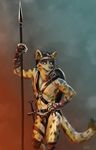  abs anthro bandolier bdsm bondage bound bulge cheetah clothing coy feline flirting headband loincloth male mammal marsonaut melee_weapon muscular pecs polearm scabbard smile spear spots sword warrior weapon 