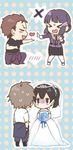  alternate_costume black_hair black_shirt blush_stickers bouquet brown_hair closed_eyes commentary_request dress flower hair_ornament hair_scrunchie heart kaga_(kantai_collection) kantai_collection mechanic_sengoku mechanic_tachibana myoukou_(kantai_collection) nagomi_(mokatitk) pantyhose purple_hair remodel_(kantai_collection) scrunchie shirt side_ponytail sweatdrop tiara wedding_dress white_dress white_shirt 