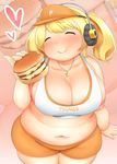  :&gt; :t ^_^ bike_shorts blonde_hair blush breasts character_name cleavage closed_eyes closed_mouth clothes_writing collarbone crop_top fat food foodgasm fusa_(starless2323) groin hamburger head_tilt headphones heart highres holding holding_food jewelry large_breasts necklace nitroplus pinky_out shirt smile solo star star_necklace super_pochaco torn_clothes torn_shirt twintails visor_cap zoom_layer 
