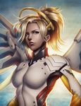  absurdres artist_name backlighting blonde_hair blue_eyes blue_sky bodysuit breasts cloud cloudy_sky glowing glowing_wings gold high_ponytail highres lips looking_at_viewer mechanical_halo mechanical_wings medium_breasts mercy_(overwatch) no_bangs nose overwatch pink_lips signature sky solo spread_wings tingzuo_liu upper_body wings yellow_wings 