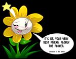  ambiguous_gender black_background black_eyes blush english_text flora_fauna flower flowey_the_flower looking_at_viewer one_eye_closed plant simple_background smile solo speech_bubble star text tongue tongue_out undertale video_games white_crest 