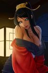  7/11_(fukuso) bare_shoulders black_hair blue_eyes breasts cleavage closed_mouth collarbone eyelashes hair_ornament head_tilt highres lamp large_breasts light long_hair looking_at_viewer mole mole_under_eye night night_sky nipple_slip nipples no_bra off_shoulder open_clothes oui ponytail red_lips sangokushi_taisen sky smile solo tsurime 