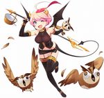  ahoge ankkoyom anywhere_dungeon asphyxiation basket bird black_legwear blue_eyes boots demon_girl demon_horns demon_tail demon_wings detached_sleeves fang full_body garter_straps holding holding_weapon horns looking_at_viewer official_art one_eye_closed owl pink_hair polearm short_hair simple_background solo strangling tail thigh_boots thighhighs trident weapon white_background wings 