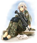  absurdres animal assault_rifle barefoot battle_rifle blue_eyes blush cat commentary full_body gloves gun heckler_&amp;_koch highres hk417 japan_ground_self-defense_force japan_self-defense_force japanese_flag jpc knee_pads long_hair looking_at_viewer military military_uniform original rifle scope signature sitting sleeves_rolled_up smile sniper_rifle socks soldier solo uniform weapon white_hair 