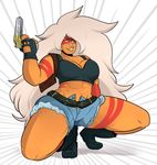  2016 alien big_breasts blushmallet breasts cartoon_network cleavage clothed clothing female gem_(species) gun hair jasper_(steven_universe) long_hair ranged_weapon smile solo steven_universe weapon white_hair 