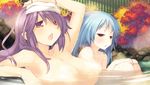  :o aquaplus blue_hair breasts dungeon_travelers_2 game_cg hand_on_own_head hands_on_own_knees houzouji_yae kokonoka large_breasts long_hair multiple_girls nude official_art onsen open_mouth purple_hair red_eyes sitting towel towel_on_head tsurara_(dungeon_travelers_2) wading water wet 