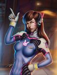  absurdres animal_print backlighting bangs bodysuit bracer breasts brown_eyes brown_hair bunny_print clenched_hand d.va_(overwatch) dust facepaint facial_mark finger_gun gloves hand_on_hip headphones high_collar highres indoors light_rays long_hair medium_breasts one_eye_closed overwatch pilot_suit pink_lips ribbed_bodysuit shoulder_pads skin_tight solo swept_bangs tingzuo_liu upper_body whisker_markings white_gloves 