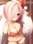  bad_anatomy bikini black_gloves black_legwear blush breasts carrying christmas cleavage collarbone cowboy_shot elbow_gloves fate/grand_order fate_(series) front-tie_top gloves hair_over_one_eye hat highres large_breasts looking_at_viewer mash_kyrielight over_shoulder pink_hair purple_eyes red_bikini red_hat sack santa_costume santa_hat short_hair side-tie_bikini solo swimsuit tatapopo thighhighs 