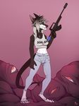  anthro canine clothed clothing collar facial_piercing female fur gun hair mammal nose_piercing piercing ranged_weapon rifle solo spiked_collar spikes standing teaksamin teeth weapon 