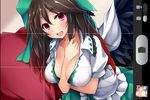  :d between_breasts bird_wings black_wings bow breasts brown_hair cape cleavage commentary_request dd_mayohara feathered_wings hair_bow heart large_breasts looking_at_viewer open_mouth red_eyes reiuji_utsuho short_sleeves smile solo touhou viewfinder wings 