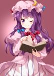  1girl blue_bow blue_ribbon blush book bow closed_mouth commentary_request crescent crescent_moon_pin eyebrows_visible_through_hair gradient gradient_background hair_bow hair_ribbon hat highres holding holding_book long_hair looking_at_viewer one_eye_closed open_book patchouli_knowledge purple_eyes purple_hair raised_eyebrows red_bow red_ribbon ribbon ruu_(tksymkw) simple_background smile solo touhou turning_page upper_body very_long_hair 