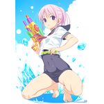  barefoot breasts covered_navel dual_wielding gun holding holding_gun holding_weapon koutaro old_school_swimsuit one-piece_swimsuit parted_lips pink_eyes pink_hair school_swimsuit school_uniform serafuku short_sleeves small_breasts solo splashing squatting swimsuit swimsuit_under_clothes water water_gun weapon 
