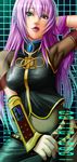  7/11_(fukuso) :d arm_up arm_warmers binary blue_eyes blue_hair breasts colored_eyelashes covered_navel covered_nipples gem gradient_hair grid_background hand_in_hair highres large_breasts long_hair looking_at_viewer megurine_luka multicolored_hair nail_polish open_mouth pink_hair pink_lips pink_nails sapphire_(stone) smile solo vocaloid 