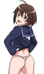  :d ahoge ass blush brave_witches brown_eyes brown_hair from_behind fundoshi hair_ornament hairclip japanese_clothes karibuchi_hikari long_sleeves looking_back open_mouth school_uniform serafuku shiny shiny_hair short_hair smile solo world_witches_series youkan 
