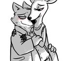  2016 al_(weaver) anthro arm_grab blush canine cervine clothed clothing deer disney fan_character female fur half-closed_eyes hand_on_butt hug inkyfrog male male/female mammal pack_street restricted_palette simple_background smile velvet_roe_(weaver) white_background wolf zootopia 