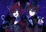  animal_ears bad_id bad_pixiv_id bear_ears blue_eyes brown_hair curtains eyepatch fangs felicia-val five_nights_at_freddy's fox_ears foxy_(fnaf) freddy_fazbear glitch hat highres hook_hand looking_at_viewer microphone mini_hat mini_top_hat multiple_boys open_mouth personification red_hair smile top_hat yellow_eyes 