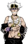  abs bare_shoulders bracelet brown_eyes chain come_hither dark_skin dark_skinned_male eyewear_on_head gold_chain grin guzma_(pokemon) hand_in_pants jewelry looking_down male_focus male_pubic_hair messy_hair nipple_piercing nipple_slip nipples off_shoulder pectorals piercing pokemon pokemon_(game) pokemon_sm pubic_hair shirt_lift simple_background smile solo sunglasses tank_top tattoo tesazombie thick_eyebrows watch white_background white_hair wristwatch 