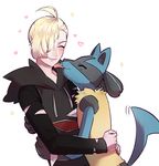  &lt;3 2016 ambiguous_gender black_fur blonde_hair blue_fur blush clothed clothing cute duo eyes_closed fur gladion_(pok&eacute;mon) hair hoodie hug licking lucario male nintendo nude ondine pok&eacute;mon raised_tail simple_background smile spikes tongue tongue_out video_games white_background yellow_fur 