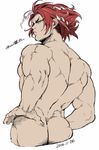  2016 all_out!! ass back character_name dark_skin dark_skinned_male dated hand_on_hip highres looking_back male_focus multicolored_hair muscle nude red_eyes red_hair sekizan_takuya simple_background solo streaked_hair thick_eyebrows torawar white_background 