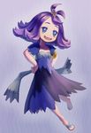  acerola_(pokemon) blue_eyes dress elite_four grin hair_ornament hands_on_hips highres patchworks pokemon pokemon_(game) pokemon_sm purple_hair reiesu_(reis) sandals smile solo trial_captain 