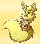  ambiguous_gender cute eeveelution feral flareon fur hair_tuft looking_at_viewer nintendo open_mouth pawpads paws pok&eacute;mon rakkuguy shiny_pok&eacute;mon simple_background solo video_games yellow_background yellow_fur 