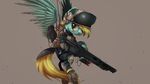 blonde_hair clothed clothing equine eyelashes feathered_wings feathers female feral friendship_is_magic fur green_feathers green_fur grey_background gun hair holding_object holding_weapon hooves lightning_dust_(mlp) mammal my_little_pony ncmares pegasus ranged_weapon simple_background solo spread_wings weapon wings yellow_eyes 