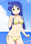  aizawa_chizuru bikini blue_eyes blue_hair blush breasts cleavage collarbone commentary_request long_hair medium_breasts nanchang navel shinryaku!_ikamusume side-tie_bikini solo swimsuit 