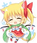  :3 :d animal_ears black_legwear blonde_hair blush boots bow cat_ears cat_tail chibi closed_eyes fang flandre_scarlet full_body fur-trimmed_boots fur-trimmed_gloves fur_trim gloves green_scarf hair_bow heart juliet_sleeves kemonomimi_mode long_sleeves nose_blush open_mouth paw_print pink_gloves plaid plaid_scarf puffy_sleeves red_bow red_footwear red_skirt red_vest scarf shikitani_asuka shirt side_ponytail skirt smile solo star tail touhou vest white_shirt wings 