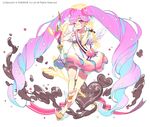  ;q absurdly_long_hair angel_wings anklet arrow bag barefoot blue_hair bow bow_(weapon) carrying chocolate chocolate_heart dokodemo_dungeon dress full_body halo handbag heart heart-shaped_pupils holding holding_arrow holding_bow_(weapon) holding_weapon jewelry long_hair looking_at_viewer multicolored_hair official_art one_eye_closed pink_hair sash solo symbol-shaped_pupils thigh_strap toeless_legwear toes tongue tongue_out twintails two-tone_hair very_long_hair weapon wings 