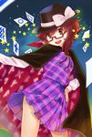  bogyaku_no_m brown_eyes brown_hair cape commentary_request contrapposto glasses hand_on_hip hat hat_ribbon long_sleeves low_twintails miniskirt open_mouth plaid plaid_skirt pleated_skirt red-framed_eyewear ribbon school_uniform semi-rimless_eyewear skirt skirt_flip skirt_set solo standing touhou twintails under-rim_eyewear usami_sumireko 