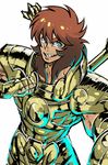  armor blue_eyes brown_hair clenched_hand cowboy_shot fingerless_gloves gloves gold_armor gold_saint grin hand_on_own_chest highres libra_douko long_hair looking_at_viewer male_focus mullet saint_seiya simple_background smile solo teeth thick_eyebrows torawar white_background 