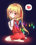  ass barefoot blonde_hair blush crystal dark_background fingers_together flandre_scarlet hair_ribbon heart kneeling kuro_(baseball0000) looking_back no_hat no_headwear red_eyes ribbon side_ponytail simple_background solo spoken_heart sweat touhou wings 