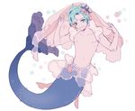 adjusting_clothes artist_name blue_eyes blue_hair closed_mouth earrings full_body gen_7_pokemon jewelry lips looking_at_viewer male_focus merman milkuriem monster_boy navel nipples pearl personification pokemon primarina shirtless smile solo veil 
