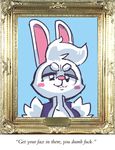  blush cupcake_(oriole) dialogue domination english_text female female_domination implied lagomorph mammal oriole_(artist) picture_frame quote rabbit shoulder_tuft smug text 