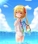  ass blonde_hair blush cloud crystal day flandre_scarlet hair_ribbon hand_on_own_chest kuro_(baseball0000) looking_at_viewer looking_back no_hat no_headwear one-piece_swimsuit red_eyes ribbon school_swimsuit side_ponytail sky solo swimsuit touhou water wet white_school_swimsuit white_swimsuit wings 