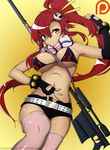  1girl bare_shoulders bikini_top breasts cleavage coldtrojan cozyquilt fingerless_gloves gloves gun hair_ornament large_breasts long_hair ponytail red_hair rifle scarf short_shorts solo tengen_toppa_gurren_lagann thighhighs underboob weapon yoko_littner yuran_(cozyquilt) 