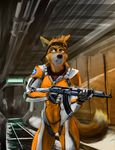  anthro armor automatic_rifle canine clothing female gun headband insignia jayka jumpsuit mammal marsonaut muscular ranged_weapon rifle science_fiction space space_station spacesuit voluptuous weapon wolf 