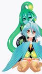  2girls brown_eyes feathers goo_girl green_eyes harpy highres manga monster_girl multiple_girls papi_(monster_musume) render short_hair sitting slime small_breasts suu_(monster_musume) tentacle tentacle_hair wings 