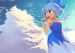  1girl ahoge arm_at_side armpits backlighting bangs bare_arms bare_shoulders blue_dress blue_eyes blue_hair blue_sky bow cirno cloud collarbone cowboy_shot day dress dutch_angle eating eyebrows_visible_through_hair floating_hair food fruit hair_bow hand_up hips ice ice_wings long_dress looking_afar medium_hair outdoors popsicle sky solo spaghetti_strap sun tan tanasuke touhou watermelon watermelon_bar wind wings 