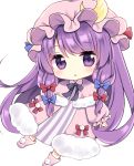  1girl adapted_costume blue_bow blue_ribbon blush bow bowtie chibi commentary_request crescent crescent_moon_pin dress_bow eyebrows_visible_through_hair hair_bow hat hat_ribbon kagome_f long_hair long_sleeves looking_at_viewer open_mouth patchouli_knowledge pink_footwear purple_bow purple_eyes purple_hair purple_neckwear raised_eyebrows red_bow red_ribbon ribbon simple_background solo touhou very_long_hair white_background 