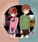  1girl arms_at_sides bad_end bad_id bad_pixiv_id blood blood_on_face bloody_hair bloody_hands bloody_weapon braid brown_hair brown_shorts chara_(undertale) checkered closed_eyes closed_mouth cropped_legs crossover green_sweater hair_tie holding holding_knife holding_weapon knife long_hair long_sleeves madotsuki miniskirt no_pupils pale_skin penguin_haro pink_sweater pleated_skirt purple_skirt red_eyes short_hair shorts skirt smile spoilers sweater trait_connection translated twin_braids twintails two-tone_background undertale weapon yume_nikki 