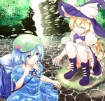 apron asa_(ces6ces8) backpack bag blonde_hair blue_eyes blue_hair boots bow bowtie closed_eyes convenient_leg flat_cap frilled_skirt frills hair_bobbles hair_ornament hair_ribbon hat kawashiro_nitori key kirisame_marisa long_hair looking_at_another moss multiple_girls on_rock open_hand open_mouth partially_submerged puffy_short_sleeves puffy_sleeves ribbon short_hair short_sleeves skirt skirt_set squatting standing stream sunlight touhou tree two_side_up waist_apron water water_drop waterfall wet wet_clothes wet_hair witch_hat 