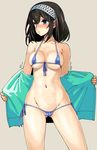  ass_visible_through_thighs bikini black_hair blue_background blue_eyes blush breasts cleavage grey_background groin idolmaster idolmaster_cinderella_girls iwasaki_takashi jacket large_breasts micro_bikini navel open_clothes open_jacket partially_visible_vulva sagisawa_fumika sideboob simple_background solo swimsuit underboob 