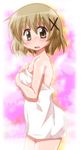  brown_eyes brown_hair cowboy_shot hair_ornament hidamari_sketch looking_at_viewer naked_towel open_mouth shishinon short_hair solo standing steam towel x_hair_ornament yuno 