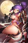  ass breasts building character_request closed_mouth covered_nipples cross dagger dual_wielding from_behind frown full_moon highres holding l.wolf large_breasts moon night outdoors purple_hair silhouette slit_pupils solo sword_girls weapon yellow_eyes 