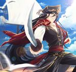 alternate_costume black_hair cutlass_(sword) hat izumi-no-kami_kanesada male_focus pirate pirate_hat pirate_ship rainsp solo touken_ranbu 